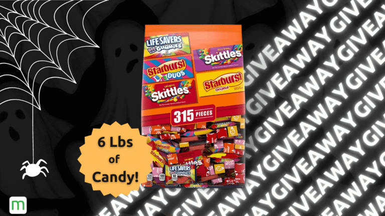 Bag of assorted Halloween candy and a cartoon spider hanging off the web in the corner