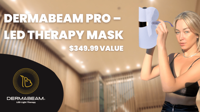 Well lit woman holding an LED mask, Dermabeam Pro Giveaway