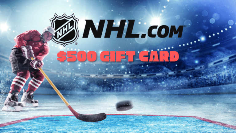 Hockey player shooting a puck, NHL $500 gift card giveaway.