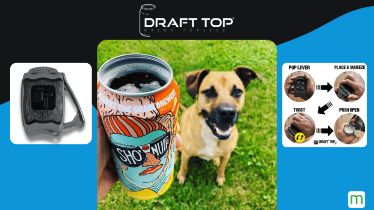 Beer can and a dog with a grass background
