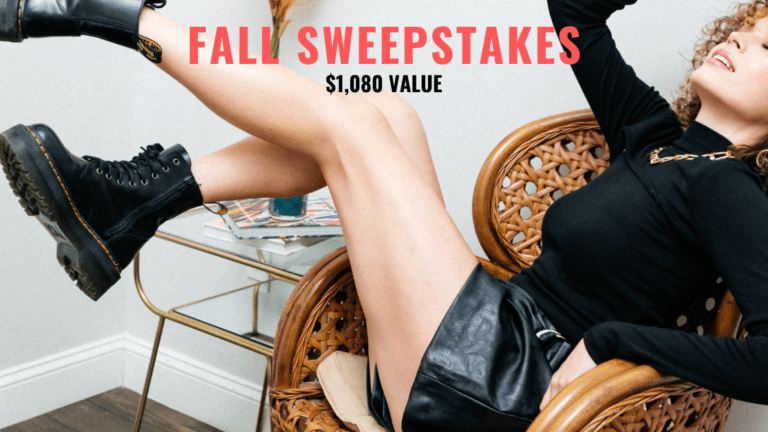 Fashionable woman posing in a chair, $1,080 fall sweepstakes giveaway.