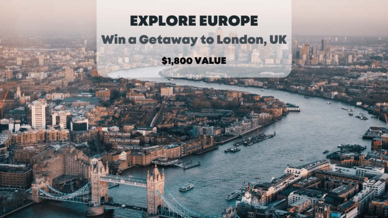 Sky view of River Thames running through London, London getaway giveaway.