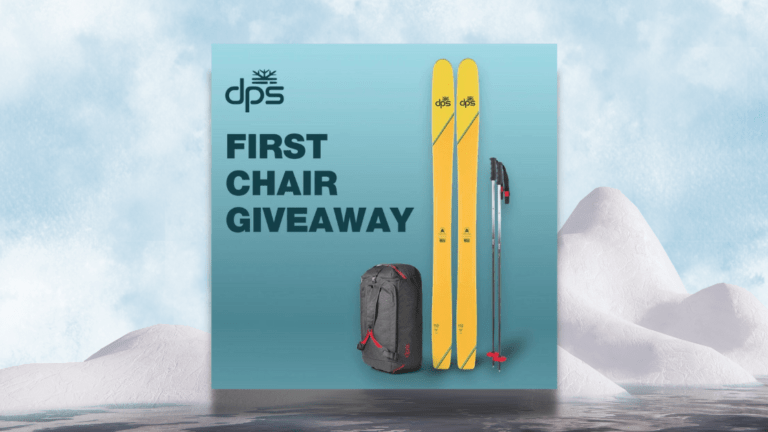 First chair giveaway including new skis, poles, and a bag.
