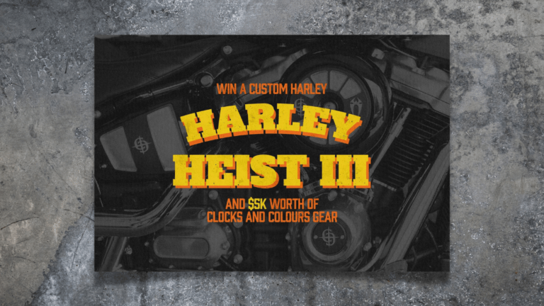 Harley Heist banner, $20,000 custom Harley giveaway.