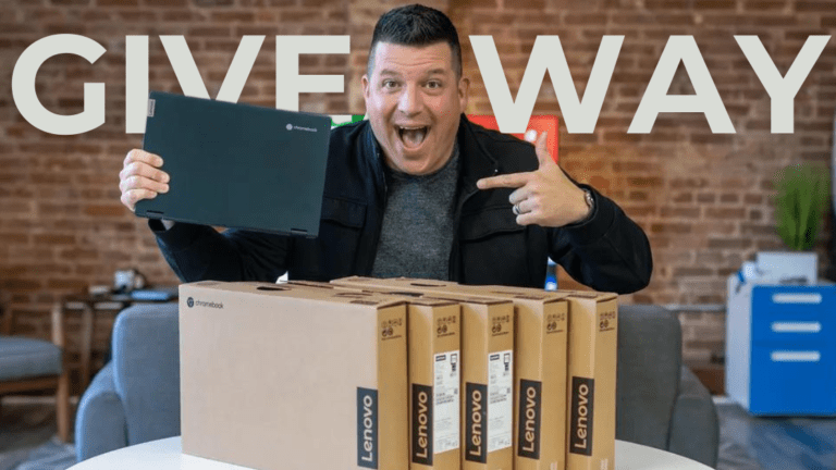 Excited man holding a Lenovo laptop, Lenovo laptop giveaway.