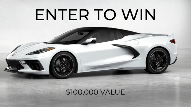 White 2022 Corvette Stingray, a $100,000 giveaway.