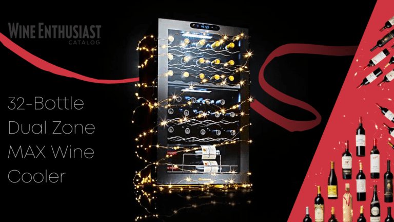 Wine cooler wrapped in Christmas lights, 32 bottle MAX wine cooler giveaway.