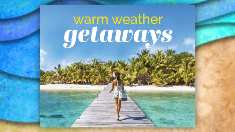 Sunny beach, warm weather getaway.